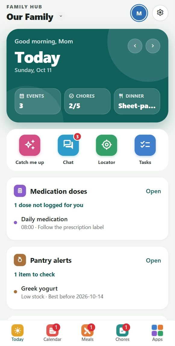 Family Hub Today overview with customizable family widgets